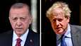 Turkin presidentin Recep Tayyip Erdoğan ja Britannian pääministerin Boris Johnson. Downing Streetin tiedottajan mukaan pääministeri Boris Johnson aikoo vaatia edistystä Suomen ja Ruotsin hakemusten suhteen ensi viikon Nato-kokouksessa.
