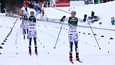 Naisten sprintti päättyi Ruotsin naisten neloisvoittoon. Jonna Sundling (oik.) tuuletti maalissa kultaa ja Emma Ribom hopeaa. Ribomin takana Maja Dahlqvist ja Linn Svahn hiihtivät sijat kolme ja neljä.