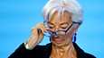 Euroopan keskuspankin pääjohtaja Christine Lagarde torstaina lehdistötilaisuudessa Frankfurtissa.