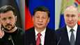 Ukrainan presidentti Volodomyr Zelenskyi, Kiinan presidentti Xi Jinping ja Venäjän presidentti Vladimir Putin.