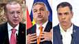 Turkin presidentti Recep Tayyip Erdoğan (vas.), Unkarin pääministeri Viktor Orbán ja Espanjan pääministeri Pedro Sánchez ovat todennäköisesti viimeisiä päättäjiä, jotka ratifioivat Suomen ja Ruotsin Nato-jäsenyyden.