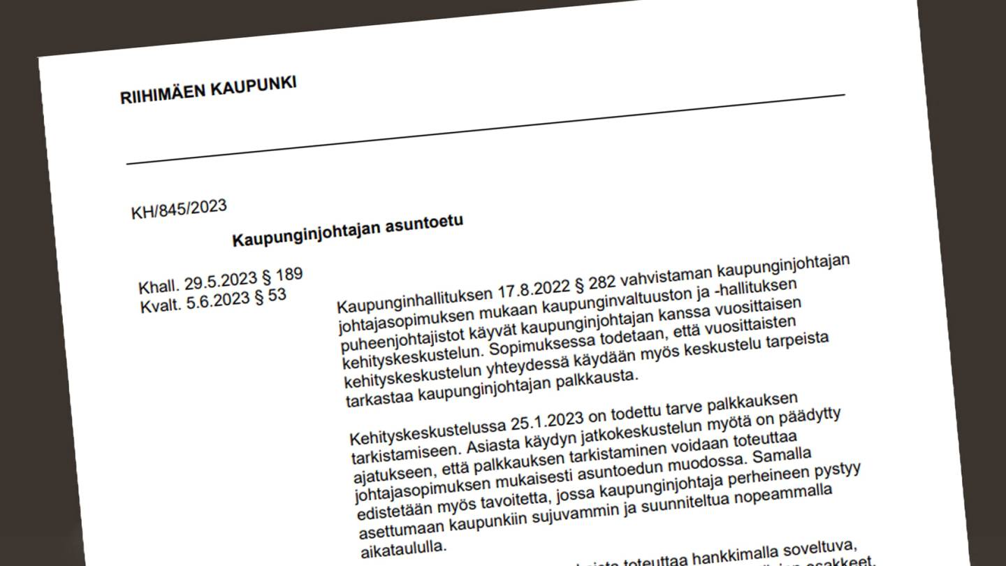 Työsuhde-edut | Riihimäki on ostamassa kaupungin­johtajalleen 450 000 euron virka-asuntoa: ”Harvinaista”