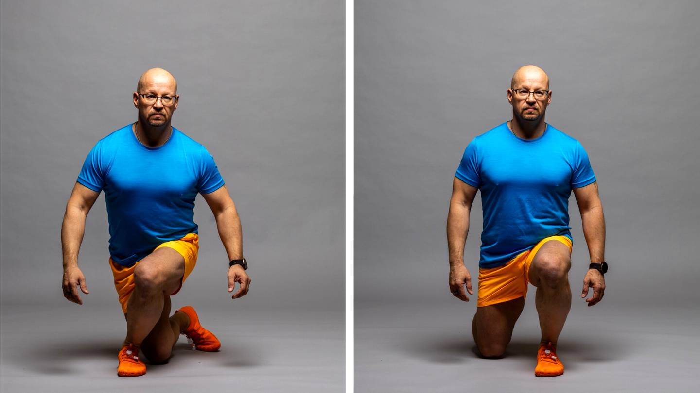 Treeni | Fysioterapeutti näyttää askelkyykyn, joka kehittää kehoa uudella tavalla