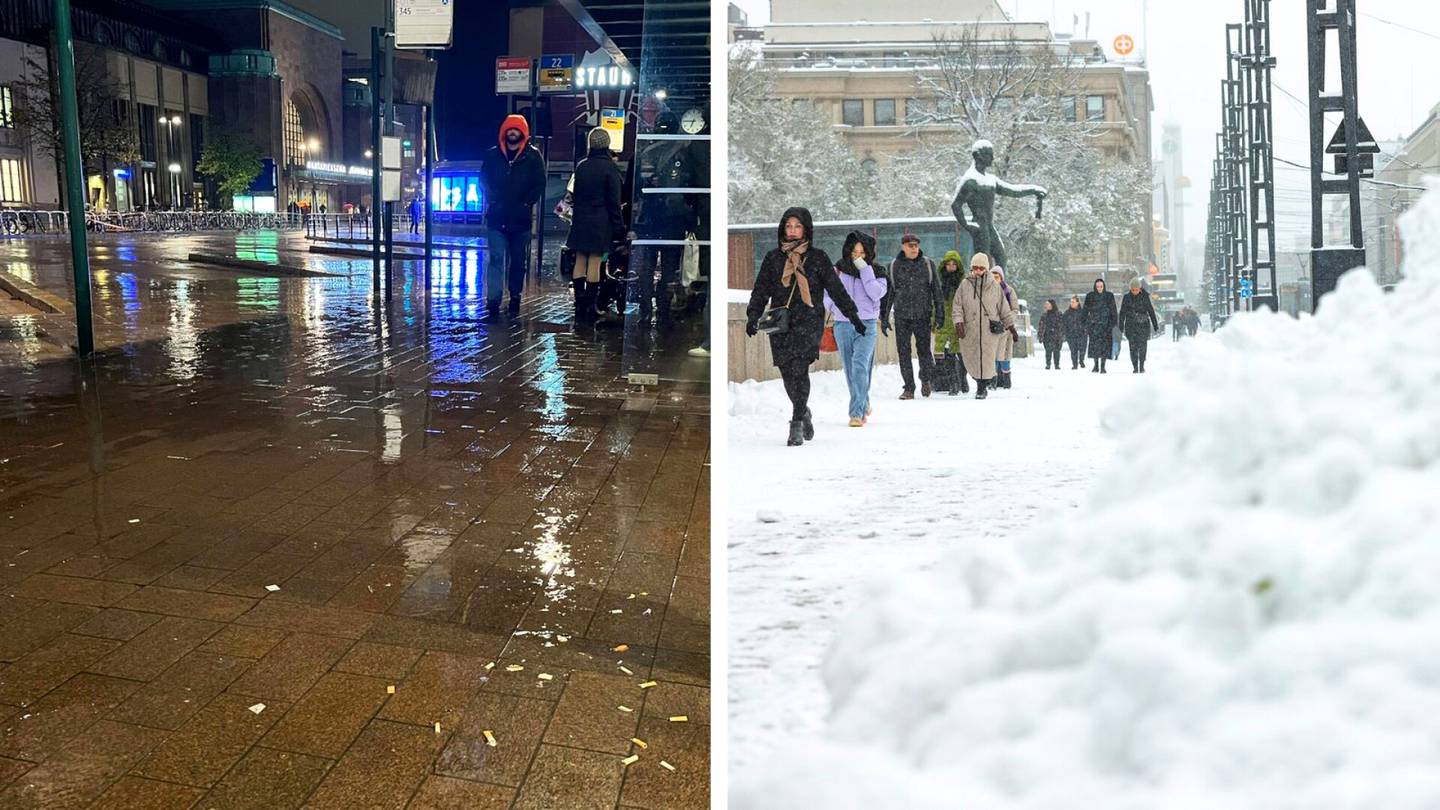 Sää | Tampere sai muhkeat lumi­kinokset, Helsingissä vihmoo vettä taivaan täydeltä – kuva­pari osoittaa eron