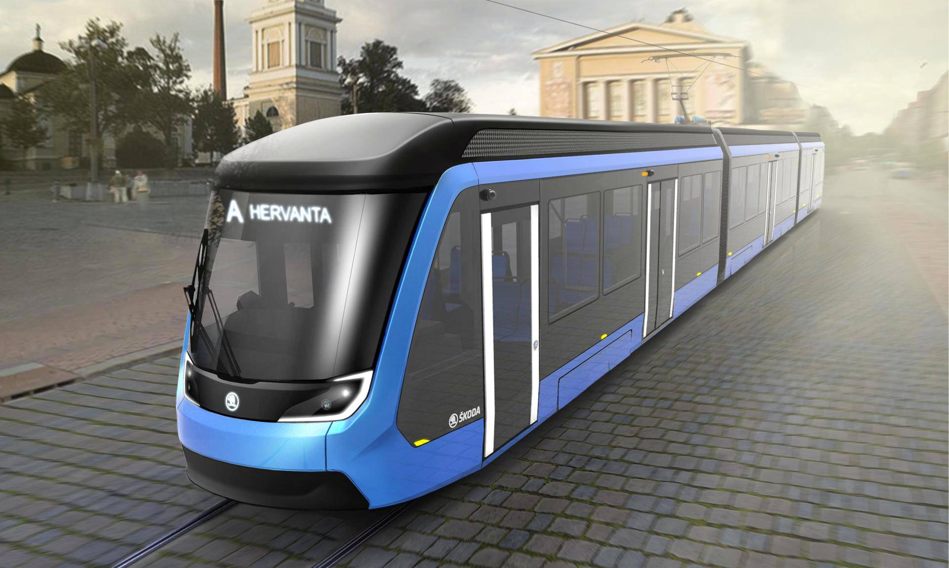 Havainnekuva Tampereelle suunnitellusta raitiovaunusta.