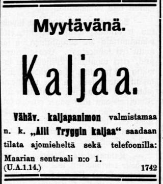 ”Alli Tryggin kaljaa” mainostettiin myös Turun Sanomissa 4. toukokuuta 1905.