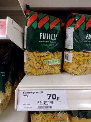 In the Sainsbury’s chain, 500 grams of cheap fusilli cost 70 pence, or about 84 cents.  The cheapest rice is 45 pence or 54 cents a kilo.  Lidl’s cheapest spaghetti costs less than 40 pence, or less than 48 cents a pound.