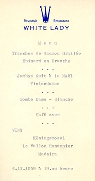 White Ladyn ruokalista vuodelta 1959.