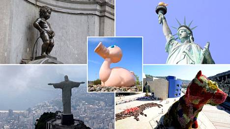 Turun Posankka (keskellä) seuranaan Brysselin Manneken Pis, New Yorkin Vapaudenpatsas, Rion Kristus-patsas ja Bilbaon Pentu-patsas.