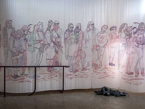 In Vidha Saumya's collection of works To all the barricades... the rumor got you, the queuers are drawn with a ballpoint pen on silk.  The work took months.