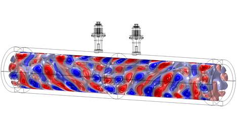 The pressure fields generated by the ultrasound inside the tube are shown in the observation image as red and blue areas.