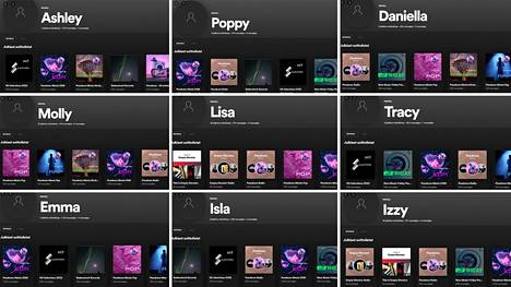 Kuvakaappauksia Spotify-käyttäjien sivuista, joiden soittolistoilla on lähinnä vain suomalaisen Badenstock-levy-yhtiön musiikkia. Muut Spotify-käyttäjät kertovat näiden ja monien muiden samankaltaisten tilien lisänneen Pesukoneen ja muiden Badenstock-artistien kappaleita heidän yhteiskäyttösoittolistoilleen. 
