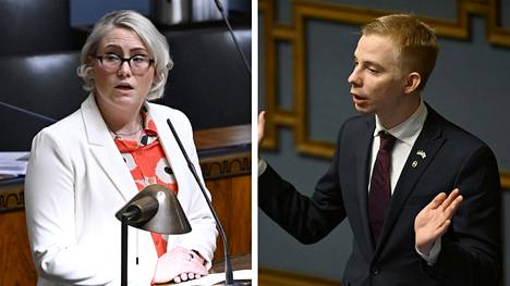Kansanedustajat Riitta Mäkinen (sd) ja Miko Bergbom (ps)