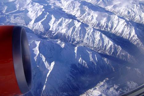 View of the Alps from the airplane window.