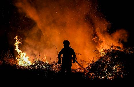 Palomies sammutti maastopaloa Eirizin kylässä Pohjois-Portugalissa 15. heinäkuuta. 