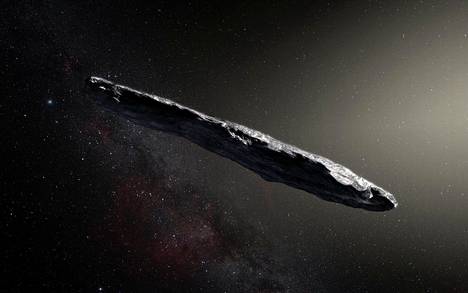 Piirros esittää,  millainen Aurinkokunnassa vieraillut kappale ’Oumuamua saattoi olla. Noin 400 metriä pitkä kappalle havaittiin lokakuussa 2017. 