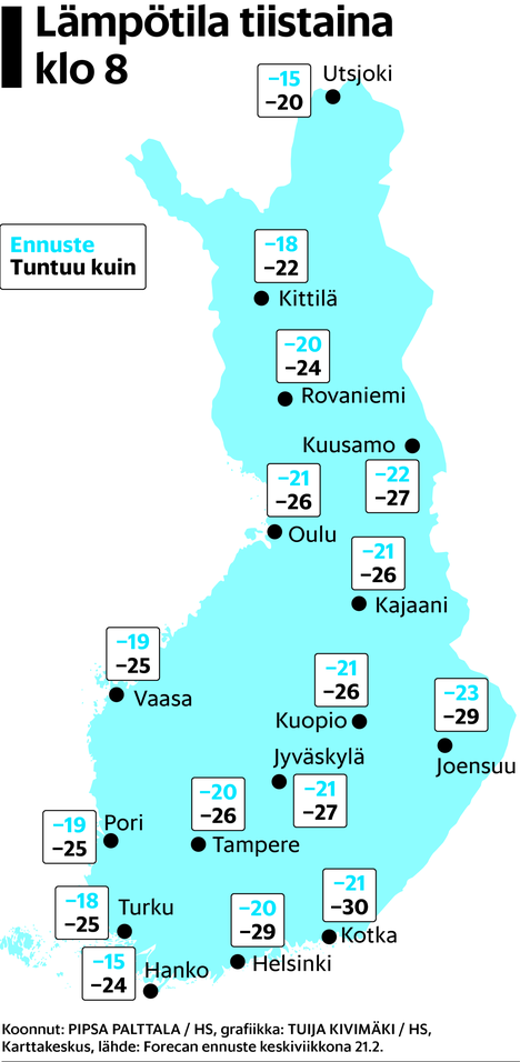 Kauhupakkaset saattavat väistää Suomen, mutta luvassa on silti hyytäviä  lukemia – Etelä-Suomen kaupungeissa pakkanen voi tuntua -30 asteelta -  Kotimaa 