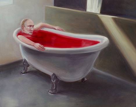 Kaj Stenvallin Washing Sins Away -maalauksessa Venäjän presidentti Vladimir Putin kylpee ukrainalaisten veressä.