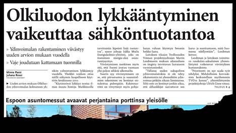 Uutisetusivulla oltiin huolissaan Suomen sähköntuotannon riittävyydestä.