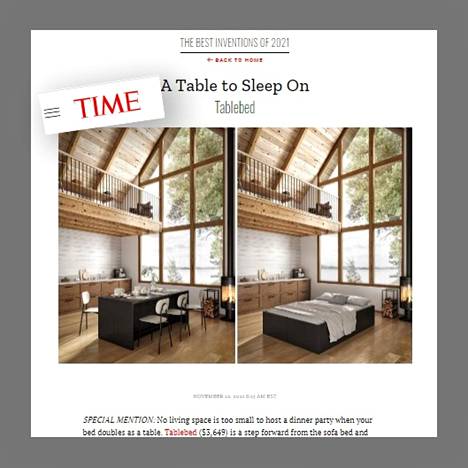 Suomalainen huonekalukeksintö, pöydän ja sängyn yhdistelmä Tablebed, pääsi mukaan Time-lehden Vuoden keksinnöt -listaukseen. Kuvakaappaus Time-lehden internetsivulta.