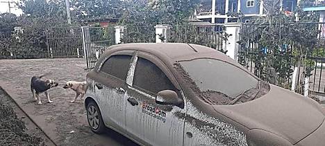 The ash raised by the volcanic eruption had covered a thick layer on top of the cars in Nuku'alofa.