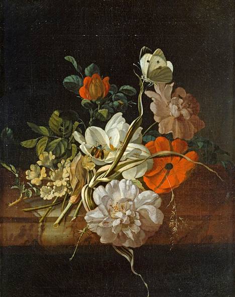 Rachel Ruyschin (1664–1750) Kukkakimppu on ajoitettu vuosiin 1690–1695. Erityisesti kukka-asetelmia maalannut Ruysch on yksi tunnetuimmista alankomaisista kultakauden naismaalareista ja Sinebrychoffin näyttelyn arvokkaimpia teoslainoja.