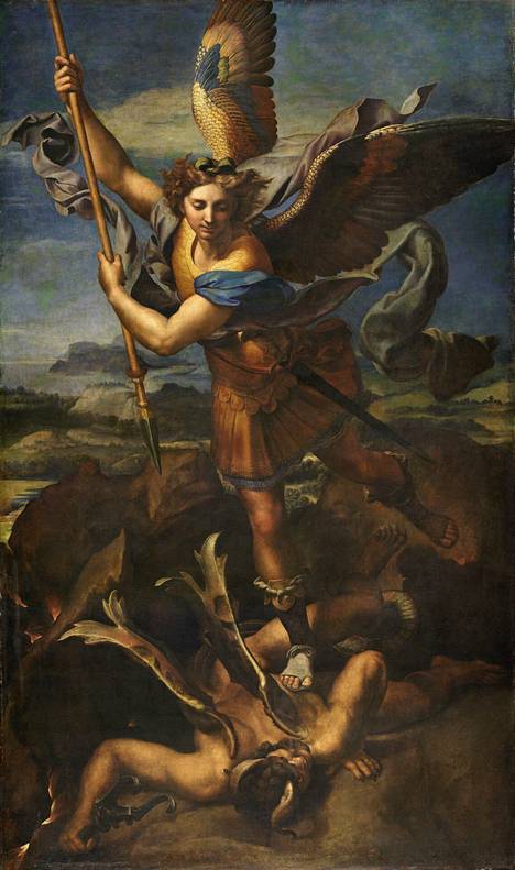 Pariisin Louvre-museon kokoelmiin kuuluvassa Rafaelin maalauksessa Mikael peittoaa Saatanan.