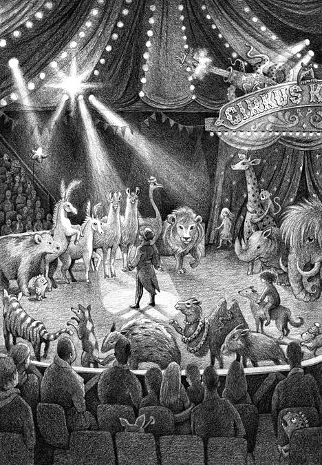 Sirkus yhdistää perhettä Kirahvin sydän on tavattoman suuri -teoksessa.