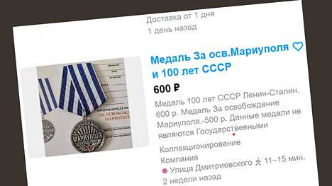 Kuvakaappaus Avito-sivuston myynti-ilmoituksesta, jossa 500 ruplan Mariupol-mitalin lisäksi myytiin Neuvostoliiton satavuotismerkkiä 600 ruplalla.