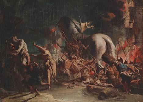 Giovanni Domenico Tiepolo: Kreikkalaiset tunkeutuvat Troijaan. Nykyään Sinebrychoffin taidemuseon omistuksessa oleva teos löytyi Hagelstamin huutokaupasta vuonna 1996.