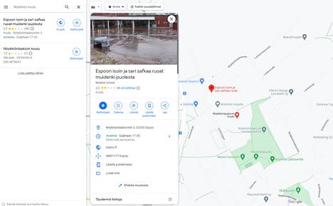 Google Maps tarjoaa espoolaiselle Nöykkiön koululle erikoista hakutulosta. Viereinen Nöykkiönlaakson koulu taas näkyy oikealla nimellään.