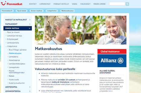 Muun muassa Finnmatkat myy Allianzin vakuutusta, jonka ehdot ovat korvausasiantuntijan mukaan useimpia suomalaisia matkavakuutuksia heikommat. Finnmatkojen sivuilta otettu kuvakaappaus.