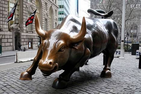 Wall Streetin härkä kuvattuna tammikuussa 2019. Karhumarkkinassa osakkeet ovat reippaassa laskussa, härkämarkkinassa puolestaan vahvassa ja pitkäkestoisessa nousussa.