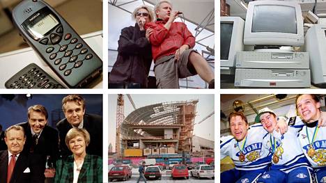 Muistoja 1990-luvulta: Nokia 6110, Raptori-yhtye, tietokone levyasemineen,  Tuttu Juttu televisio-ohjelma, Kiasman rakennustyömaa ja jääkiekon ensimmäiset suomalaiset maailmanmestarit. 