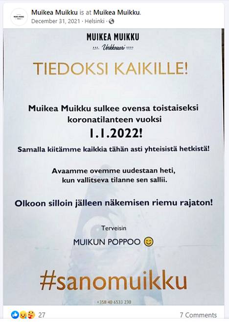 Kuvakaappaus kalaravintola Muikean Muikun Facebook-sivuilta, missä ravintola ilmoitti sulkevansa ovensa 1.1.2022 alkaen.