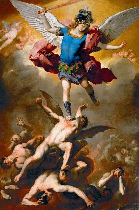 Luca Giordanon maalauksessa noin vuodelta 1666 arkkienkeli Mikael talloo paholaisen enkeleitä.