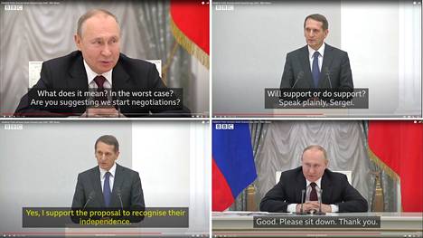 Ruutukaappaus Youtube-videolta. Vladimir Putin ja tiedustelujohtaja Sergei Naryškin.