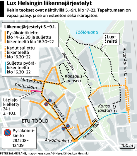 Valotaidetapahtuma Lux Helsinki alkaa lauantaina – Tässä ovat liikenteen  poikkeusreitit - Kaupunki 