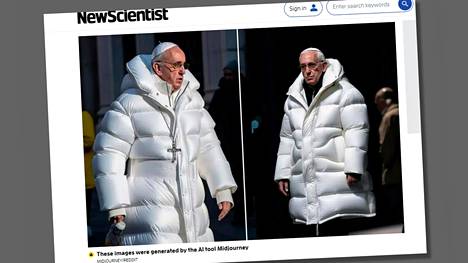 Muun muassa New Scientist -lehti julkaisi tekoälyn luomia kuvia, joissa paavi Franciscus esiintyy paksussa toppatakissa.