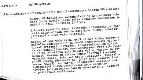 Ote Olympiakomitean lääketieteellisen valiokunnan pöytäkirjasta 17. elokuuta 1988. Pöytäkirjaa säilytetään Urheilumuseon arkistossa.