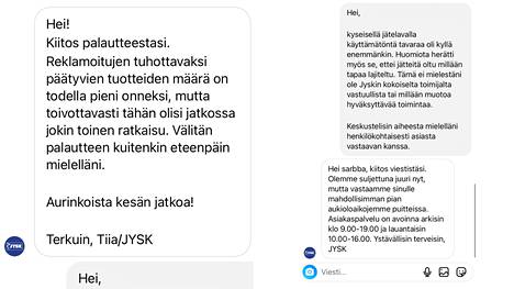 Saara Eerola jakoi Instagramissa kuvia Launeen Jyskin roskalavalta. Jysk vastasi yksityisviestillä Eerolan palautteeseen.