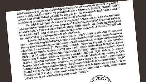Turkin presidentti Recep Tayyip Erdoğan kertoo 17. maaliskuuta päiväämässään kirjeessä, miksi Turkin parlamentin tulisi ratifioida Suomen Nato-jäsenyys.