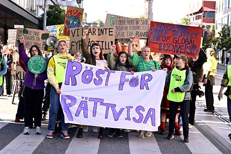 Nuoria ilmastoaktivisteja mielenosoituksessa Tukholmassa ennen valtiopäivävaaleja syyskuussa.