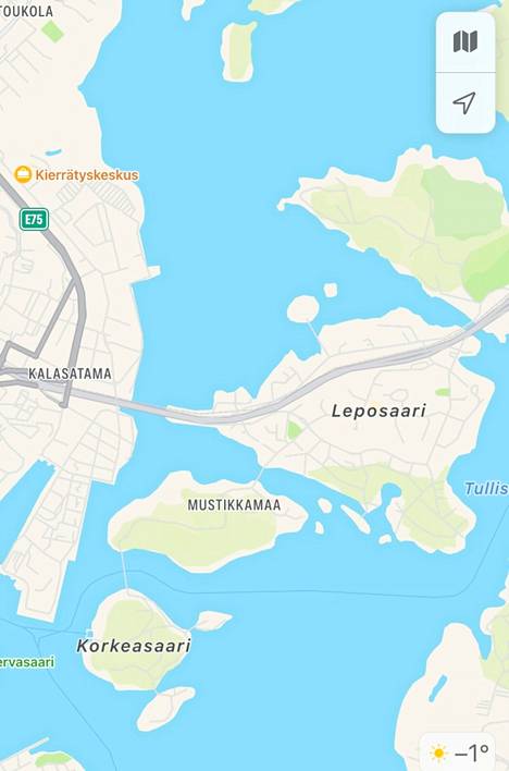 Applen karttapohjassa Helsingin Kulosaari on saanut uuden nimen.