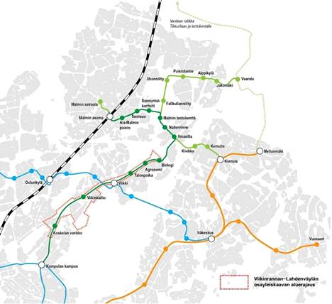 Vihreä reitti kuvaa uutta noin 15 kilometrin pituista raitiotietä Kumpulan kampukselta Malmin juna-asemalle. Vaaleanvihreät linjaukset ovat ideoita tulevasta yhteydestä. Sininen on Raide-Jokerin reitti ja oranssi kuvaa metrolinjaa.