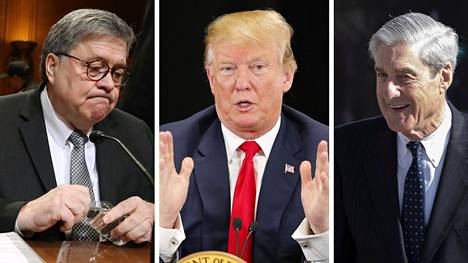 Oikeusministeri William Barr (vas.), presidentti Donald Trump ja erikoissyyttäjä Robert Mueller.