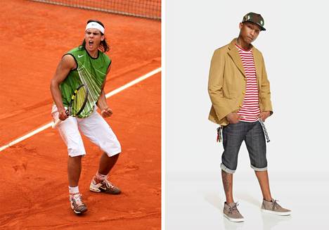 Spanish tennis star Rafael Nadal (left) was known for his capris in the early 2000s.  In the picture on the right, the American musician Pharell Williams poses in 2013 wearing capris.