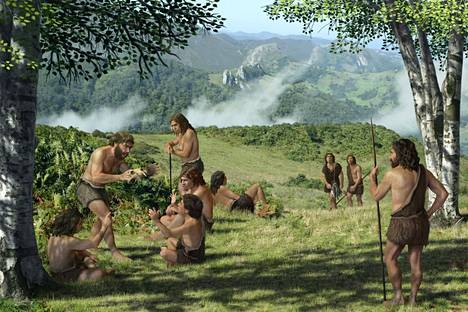 Tuore tutkimus viittaa siihen, että neandertalinihmisten yhteisöissä naiset liikkuivat enemmän ryhmästä toiseen. Taiteilijan näkemys. 