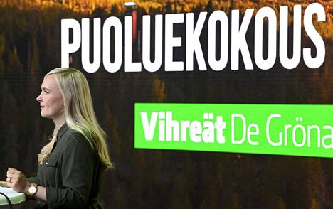 Puheenjohtaja Maria Ohisalo vihreiden etänä järjestettävässä puoluekokouksessa Helsingissä 11. syyskuuta 2021.