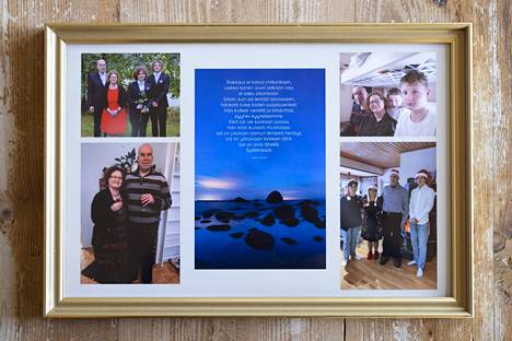 Maarit Turpeisen ystävä teki lahjaksi taulun, jossa on kuvia perheen yhteisistä jouluista, juhlista ja matkoista. Kuvissa ovat myös pojat Tatu ja Joni Turpeinen.